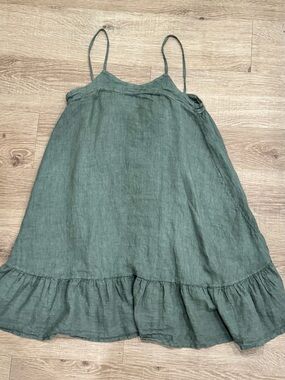 Made in Italy 100% Linen Olive Green Midi Dress Tie Back Ruffle Hem OS